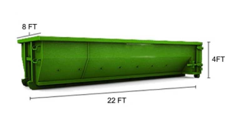 The 20-Yard Dumpster measures at: 20’ long x 8’ wide x 4’ tall
