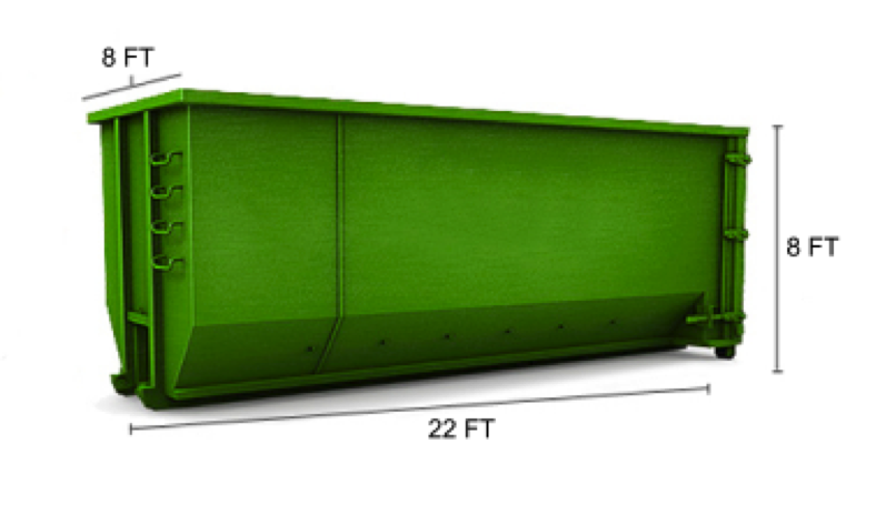 The 30-Yard Dumpster measures at: 20’ long x 8’ wide x 6’ tall